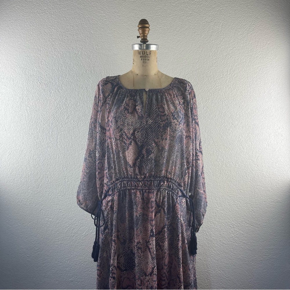 Anthropologie I L Floreat Zahara Sheer Snakeskin Tasseled Tie Boho Peasant Dress